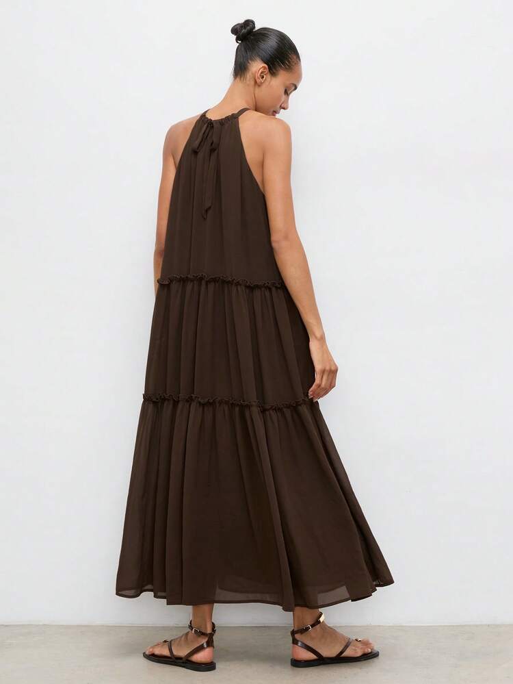 SHEIN Maija Women's Solid Color Halter Neck Ruched Casual Elegant Party Everyday Holiday Vacation Dress Holiday Dark Brown Summer