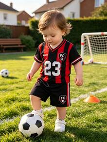 SHEIN 2pcs Baby Boy Summer Casual Sports Set Black Gym Streetwear 23 Number Print V-Neck Short Sleeve T-Shirt And Shorts Infant Toddler Jersey Clothes 6M-3T - Multicolor - View 12