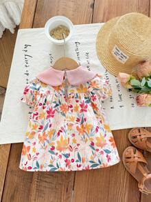 SHEIN 1件新生兒休閒簡約寬鬆卡通圖案圓領短袖洋裝，適合夏季穿著 - 粉色 - 查看 2