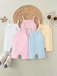 5pcs Baby Girl Hollow Out Minimalist Casual Romper, Suitable For Daily Wear & Outdoor, Summer - Baby Pink - View 2