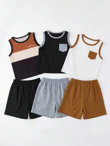 SHEIN 6件套儿童男童休闲无袖圆领上衣和短裤两件套，适合上学、花园、海滩、生日等各种场合，春夏秋冬皆宜，百搭上衣，男童套装，少女套装，校服上衣，儿童男童T恤 - 彩色 - 查看 9