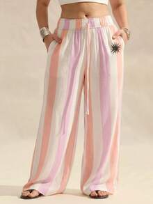 GalTyme Plus Size Women Waist Tie Striped Pocket Wide Leg Pants - Multicolor - View 1