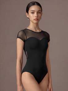 SHEIN Conjunto deportivo de una pieza para adolescente, cuello redondo elástico con malla de contraste, verano, vuelta a la escuela, universidad - Negro - Ver 5