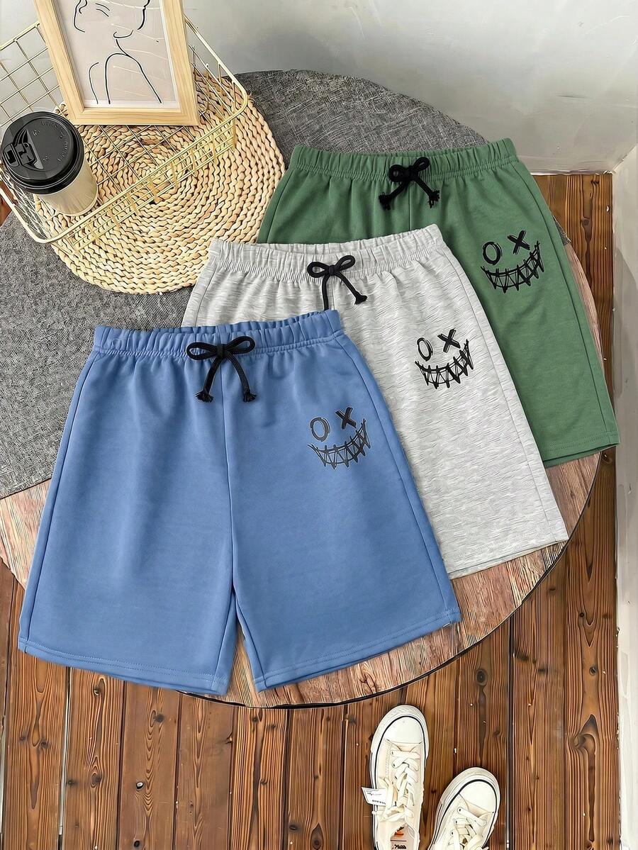 3pcs/Set Tween Boy Vacation Collegiate Style Printed Loose Fit Knit Shorts, 3 Colors - Multicolor - View 1