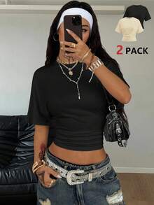Coolane 2pcs 95% Cotton Short Sleeve Cropped T-Shirt, Suitable For Summer - Multicolor - View 4
