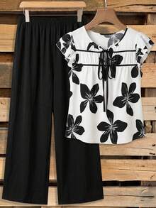 Comfylo Plus Size Floral Print Top And Solid Color Pants 2 Pieces Set Vacation Black And White Summer Elegant Smart Casual - Black and White - View 8