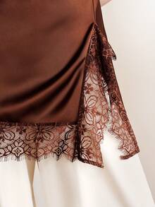 SHEIN Zanirela Femmeiva 2026 Summer New Women's Brown Satin Mock Neck Mini Dress, Sleeveless Draped Neckline Lace Trim Hem, Elegant Sexy Y2K Style Party Wear, Going Out Dress, High-End Commuter Outfit, Comfortable Silky Satin Fabric, Modern Urban Casual Business Style, Elegant Date, Vacation Beach Outfit, Women's Fashion Dress And Gown, Elegant Dresses For Party, Elegant Dresses For Women - Brown - View 4