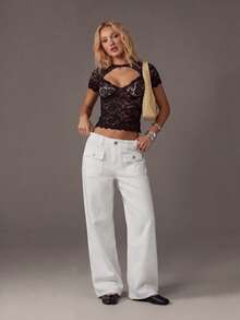 TRNVIE Fashion Casual Vacation Style Patch Pocket Low Waist Straight Leg Jeans - White - View 3