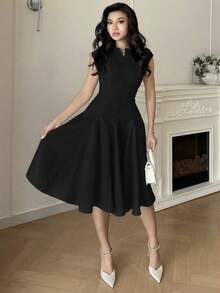Feyla Women's Solid Color Notched Neck Elegant Short Dress, Spring/Summer Office Black - Black - View 7