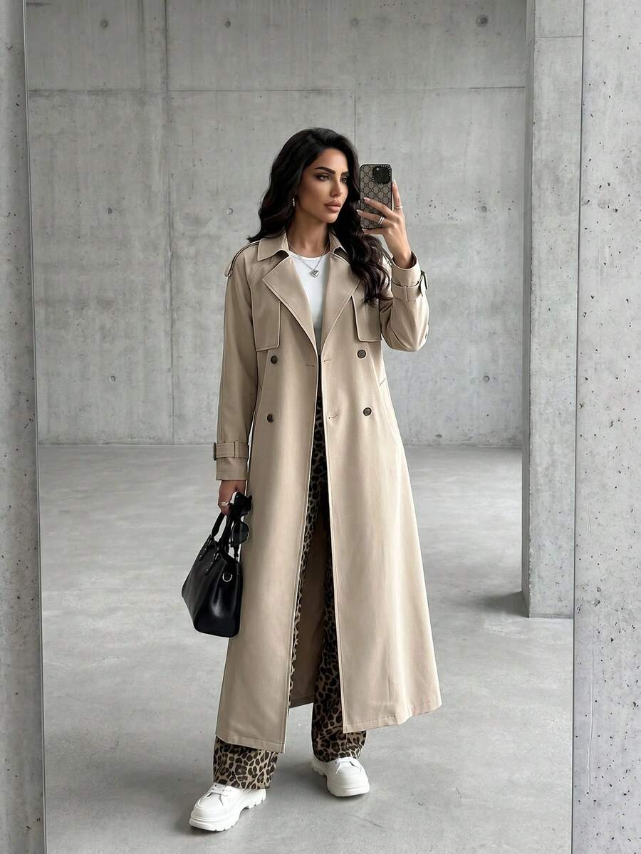 SHEIN Lady Áo gió dài dệt màu mơ cho nữ - Màu be - Xem 1