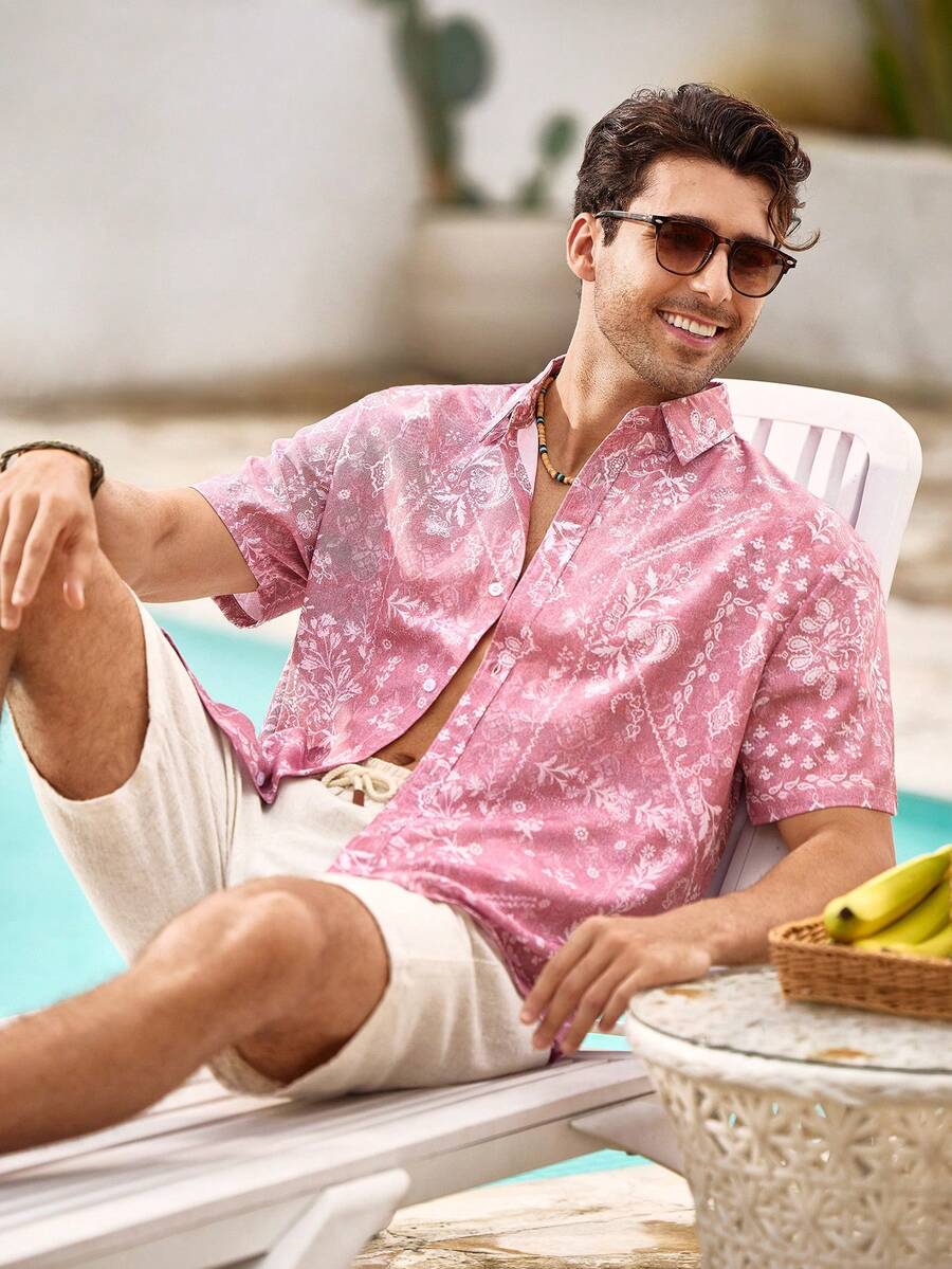 Mercer Haus Camisa casual de manga corta con botones y estampado sencillo para hombre - Rosa - Ver 1