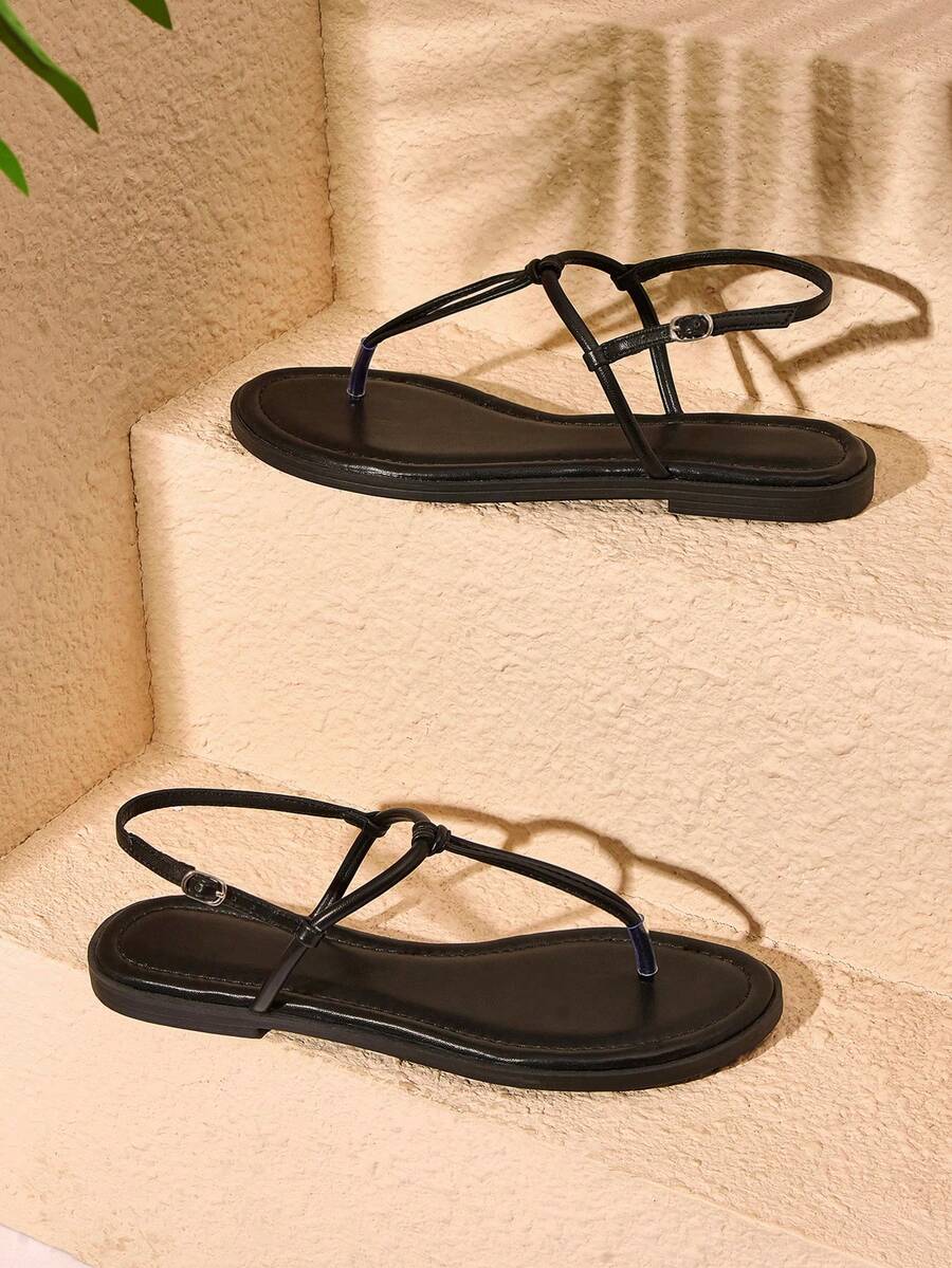 HighSole 女士平底凉鞋,趾带设计,舒适百搭,适合春夏户外/室内穿着,简约时尚,适合度假、日常通勤,优雅复古风。 - 黑色 - 查看 1