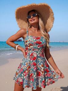 Swim Lushoire Women's Mature And Conservative Floral Print Spaghetti Strap Swimsuit Dress Two-Piece Set - Multicolor - View 5