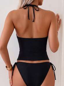 Swim Mod Women's 2-Piece Solid Color Sexy Cute Spaghetti Strap Tie-Up Bikini Set, Elegant Beach Holiday Party Bikini Set - Black - View 2