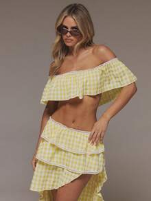 MUSERA Áo croptop trễ vai bèo nhún họa tiết kẻ caro, thích hợp cho mùa xuân hè, dễ thương, nữ tính, thanh lịch, dự tiệc tối, hẹn hò, lễ hội, kỳ nghỉ, câu lạc bộ Ibiza. - Màu vàng - Xem 5