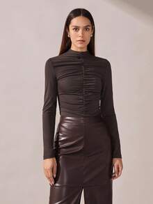 BizChic Women's Solid Color Stand Collar Long Sleeve Pleated Casual Elegant Commuter T-Shirt, Basic Top, Outdoor Top, Office Business Casual Outfit, Autumn - Brown - View 5