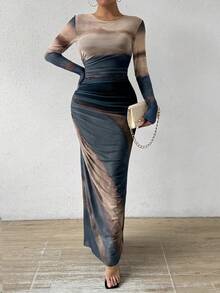 Rafferiza Tie-Dye Pleated Mesh Dress With Slim Fit Maxi Women Outfit Fall Cloth For Women - Light Grey - View 4