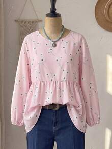 EMERY ROSE Plus Size Floral Print Round Neck Casual Elegant Fairycore Long Sleeve Shirt, Autumn Top Beach Holiday Formal Date Night Outfit For Women Pink Floral - Pink - View 7