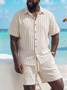 ResortEase Plus Size Men's Jacquard Striped Short Sleeve Shirt And Shorts Set Men Short Sleeve 2 Piece Casual Set Men 2 Piece Set Summer Men Two Piece Set Summer - Khaki - View 1