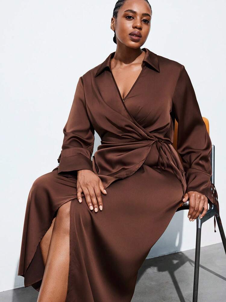 brown silk wrap dress Never Fully Dressed satin wrap midaxi dress in chocolate brown