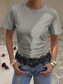 Modelyn 女士春夏白色针织短袖T恤，白色蕾丝饰边腰部收褶，通勤休闲两相宜 - 灰色 - 查看 5