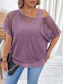 Linhara CURVE Áo khoác ngoài size lớn bằng vải ren rỗng, vai bất đối xứng, có lớp lót camisole tương phản, 2 trong 1, eo thắt, cổ tròn, phong cách thường ngày cho nữ, phù hợp đi chơi, du lịch và đi làm - Bụi tím - Xem 4