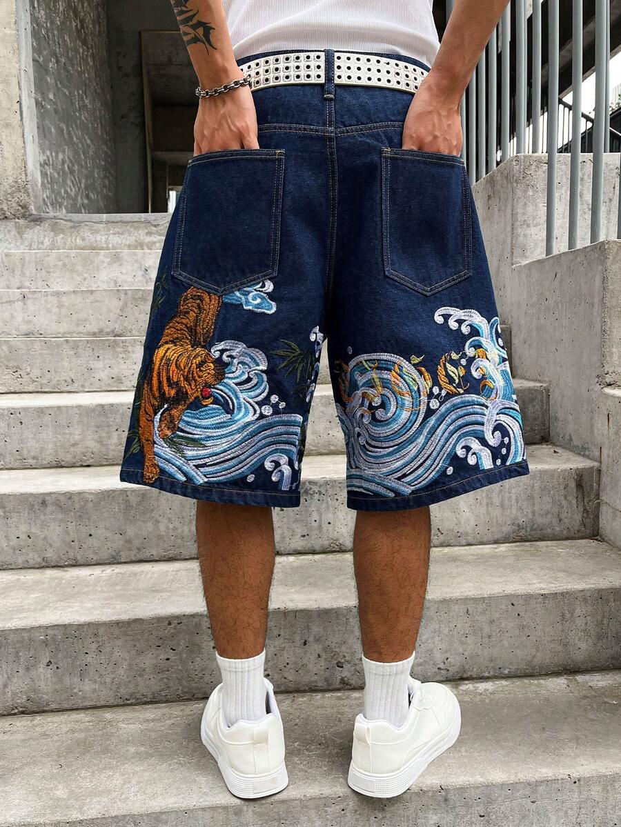 GALLERY FADE 男士休閒街頭風刺繡深藍色牛仔短褲,度假款 - 深色水洗藍 - 查看 1