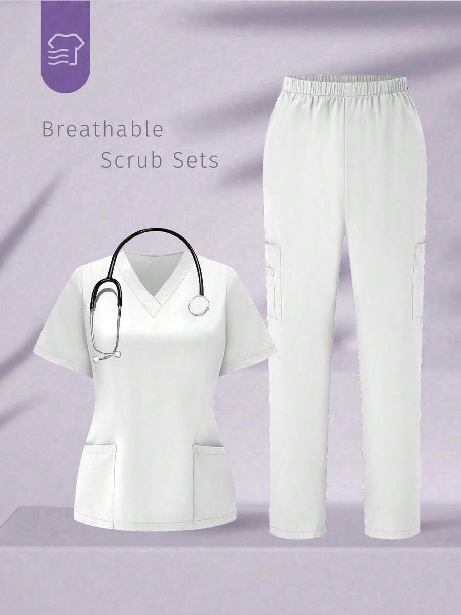 TaskEZ Scrubs Set: V-Neck Short Sleeve Top & Pants Scrub Uniform For Healthcare Workers - White - View 1