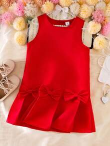 Elladie kids Young Girls Red Summer Party Dress, Plain Sleeveless Round Neck Short Casual Style With Bows And Flounce Hem Everyday Outfits - Red - View 5