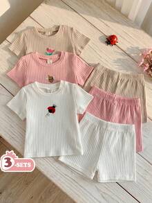 SHEIN Vintaside Kids 女童两件套夏季套装：圆领短袖可爱刺绣T恤搭配休闲短裤，适合日常休闲、郊游、露营、幼儿园、学校、聚会、旅行等场合。 - 彩色 - 查看 1