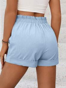 EMERY ROSE Women's Casual Vacation & Commute Solid Color Paper Bag Waist Loose Shorts, Summer - Teal Blue - View 2