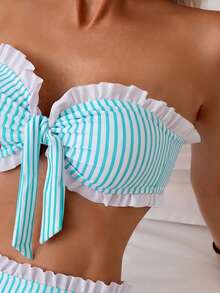 Swim Mod Bộ đồ 2 mảnh họa tiết kẻ sọc, cổ nhún, gấu quần xếp ly, thích hợp cho kỳ nghỉ hè/xuân ở bãi biển. - Màu xanh Bạc hà - Xem 6