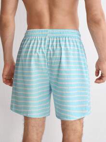 Manfinity Swimmode 夏季男士條紋印花抽繩腰海灘短褲，度假海邊夏威夷熱帶泳褲，情侶約會度假穿搭 - 淺藍色 - 查看 3
