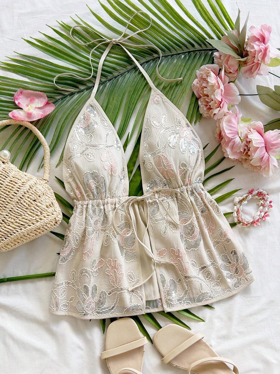 Soleia Áo hai dây cổ chữ V thắt nơ hở lưng, đính cườm và thêu họa tiết lãng mạn dành cho nữ, thích hợp cho kỳ nghỉ, hẹn hò, ngày Valentine, tiệc trà chiều, tiệc tùng, mùa cưới, bãi biển, kỳ nghỉ xuân/hè, du thuyền, lễ hội âm nhạc, phong cách Boho. - Hồng - Xem 1