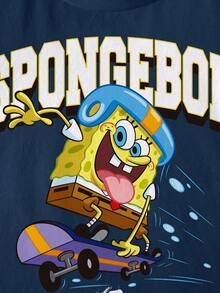 SpongeBob SquarePants | SHEIN 小男孩卡通印花全身印花T恤 - 白色 - 查看 5