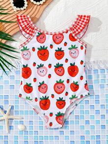 SHEIN Young Girl Cute Strawberry Print One-Piece Swimsuit, Suitable For Vacation, Beach - Red - View 1