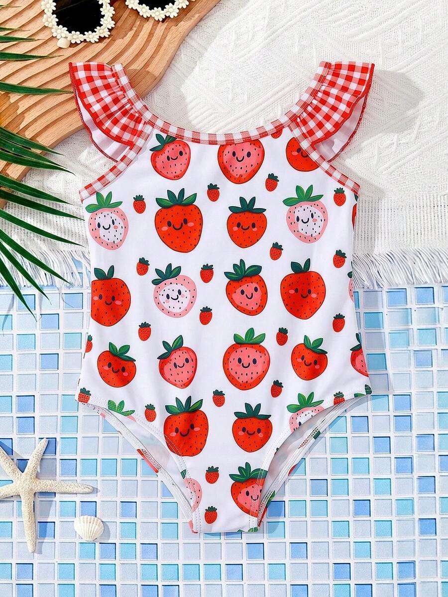 SHEIN Young Girl Cute Strawberry Print One-Piece Swimsuit, Suitable For Vacation, Beach - Red - View 1