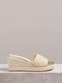 Styleloop Giày nữ, màu nâu, giày rơm đan bằng dây gai dầu, sandal đế xuồng, giày giúp tăng chiều cao, phong cách bohemian cho kỳ nghỉ. - Màu be - Xem 5