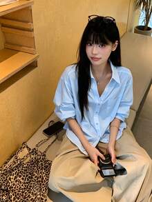 K-Vae Autumn Collared Puff Sleeve Cinched Waist Blouse Back-To-School Teachers' Day Office School Light Blue Casual - Baby Blue - View 2