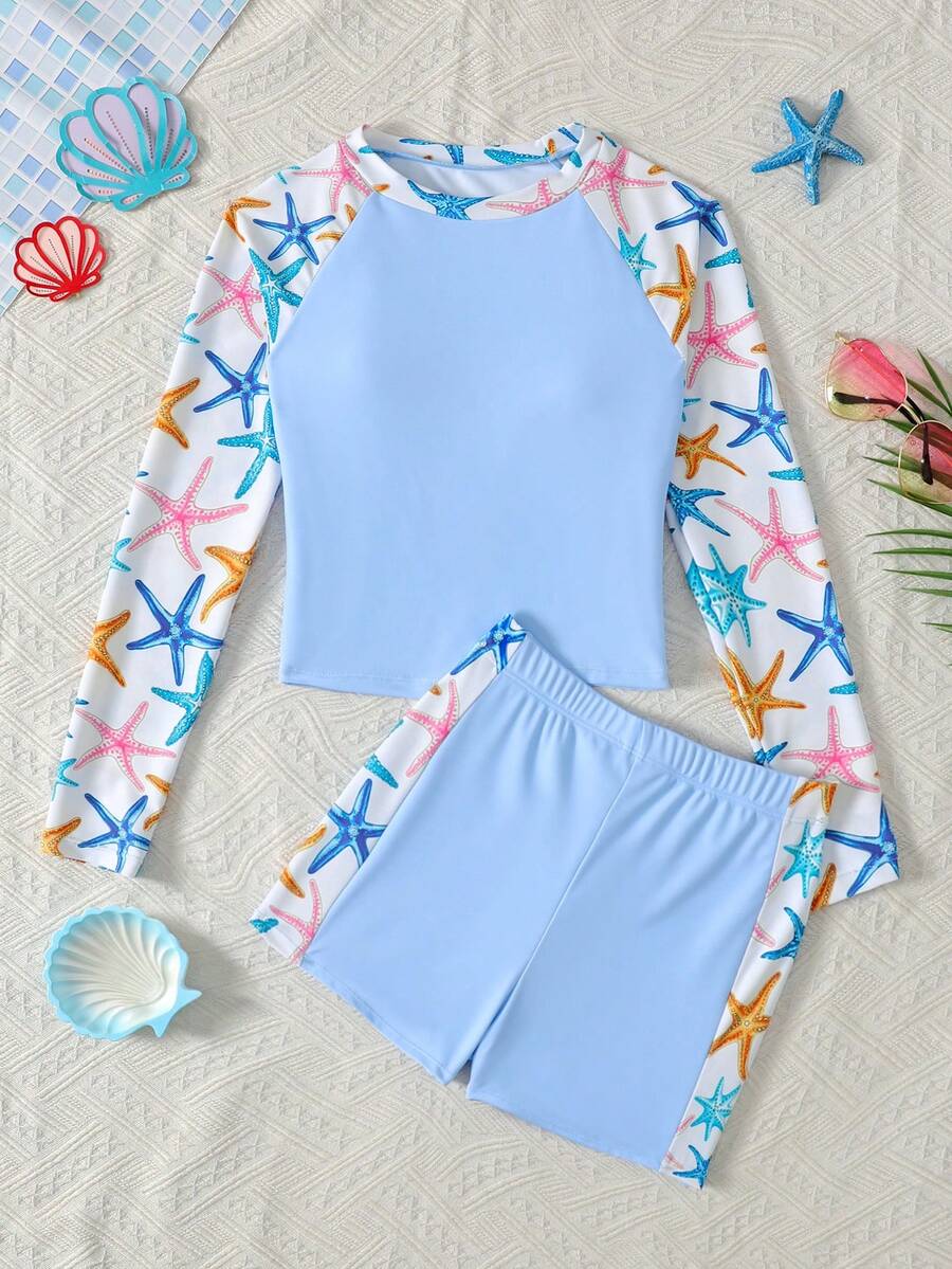 SHEIN 青少年女孩/青少年女孩配色印花泳衣套裝，海洋印花比基尼配長袖防曬泳衣，適合女孩和青少年。女孩長袖泳衣配短褲套裝，女孩泳褲配防曬泳衣，青少年女孩長袖泳衣，保守青少年女孩泳衣，女孩度假裝配長袖泳衣和短褲 - 藍色 - 查看 1