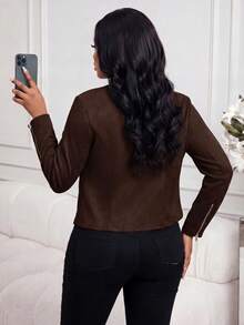 SHEIN Lady CURVE 大码女式黑色仿麂皮夹克，优雅的日常通勤和商务装扮 - 咖啡棕 - 查看 2