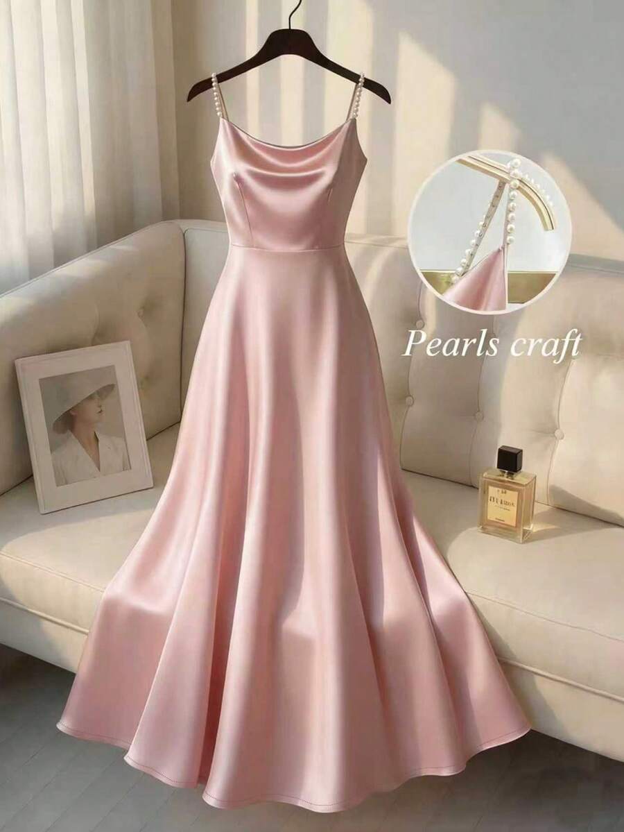 SHEIN Franclia 女士优雅缎面珍珠吊带连衣裙,适合通勤、派对和聚会等场合 - 淺粉色 - 查看 1