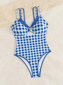 Swim Mod Women's Plaid One-Piece Swimsuit With Spaghetti Straps, Suitable For Beach Vacation In Spring/Summer - Blue - View 3