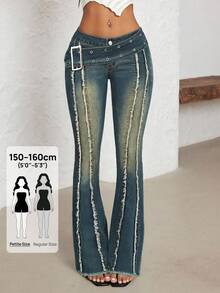 SHEIN PETITE Casual Washed Frayed Hem Low Waist Flare Leg Jeans - Dark Wash - View 1