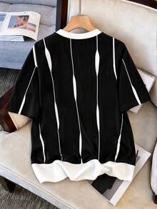 Daypath Men Plus Size Contrast Striped Print Fashionable Summer Casual Sportswear Tee, Holiday - Black and White - View 2