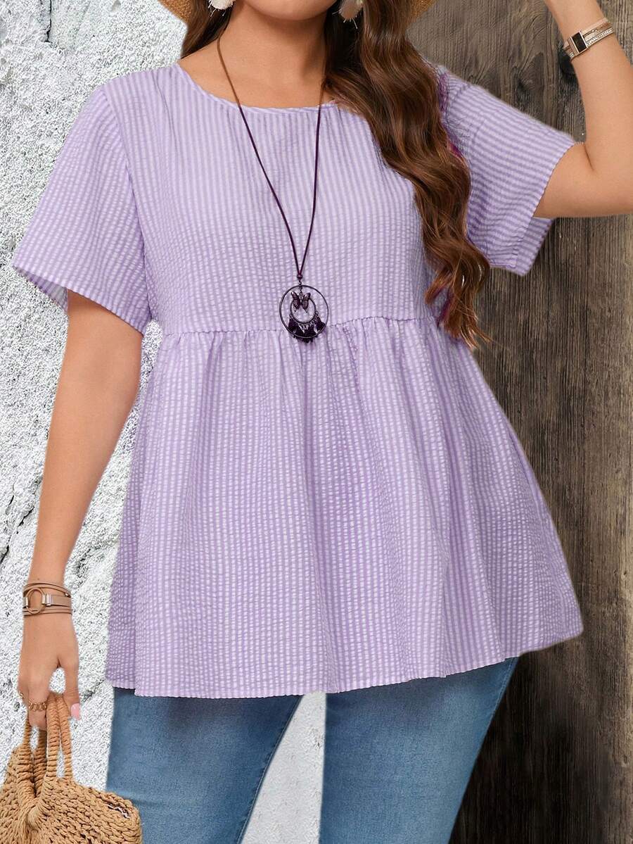 EMERY ROSE Plus Size Striped Print Round Neck Casual Short Sleeve Tunic Tops Dressy Blouses , Suitable For Summer - Purple - View 1