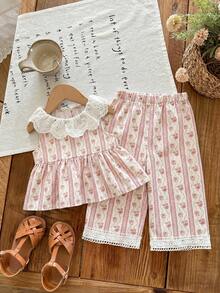 SHEIN LMoss Kids 女婴可爱碎花荷叶边上衣和裤子套装，夏季度假 - 彩色 - 查看 6