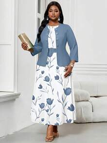 SHEIN Lady Đầm công sở màu tím và trắng thanh lịch, kín đáo, cỡ lớn, cổ tròn, kiểu dáng sang trọng dành cho nữ. - Xanh và trắng - Xem 5