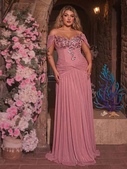 Glamrae Đầm maxi cỡ lớn sang trọng, thanh lịch màu hồng, không dây vai, chất liệu co giãn, xếp ly, thích hợp cho đám cưới, tiệc độc thân, kỳ nghỉ, dạ hội, sự kiện trang trọng (Thiết kế tinh xảo)