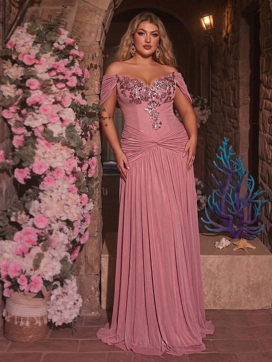 Glamrae Plus Size Elegant Dusty Pink Summer Formal Evening Graduation Prom Dress,Luxurious Applique Strapless Elastic Ruched Maxi Dress For Wedding Party - Pink - View 1